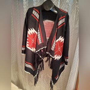 May & July Black & Red Aztec Fringe Open-Front Sweater Wrap Sz Small